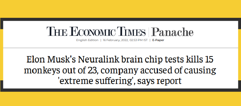 A newspaper headline about Elon Musk's Neuralink brain chip killing 15 our of 23 monkeys during testing