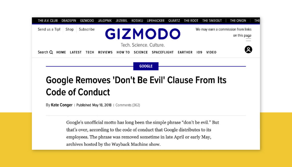 News clipping of Google removing 'Don't be evil' clause from its code of conduct